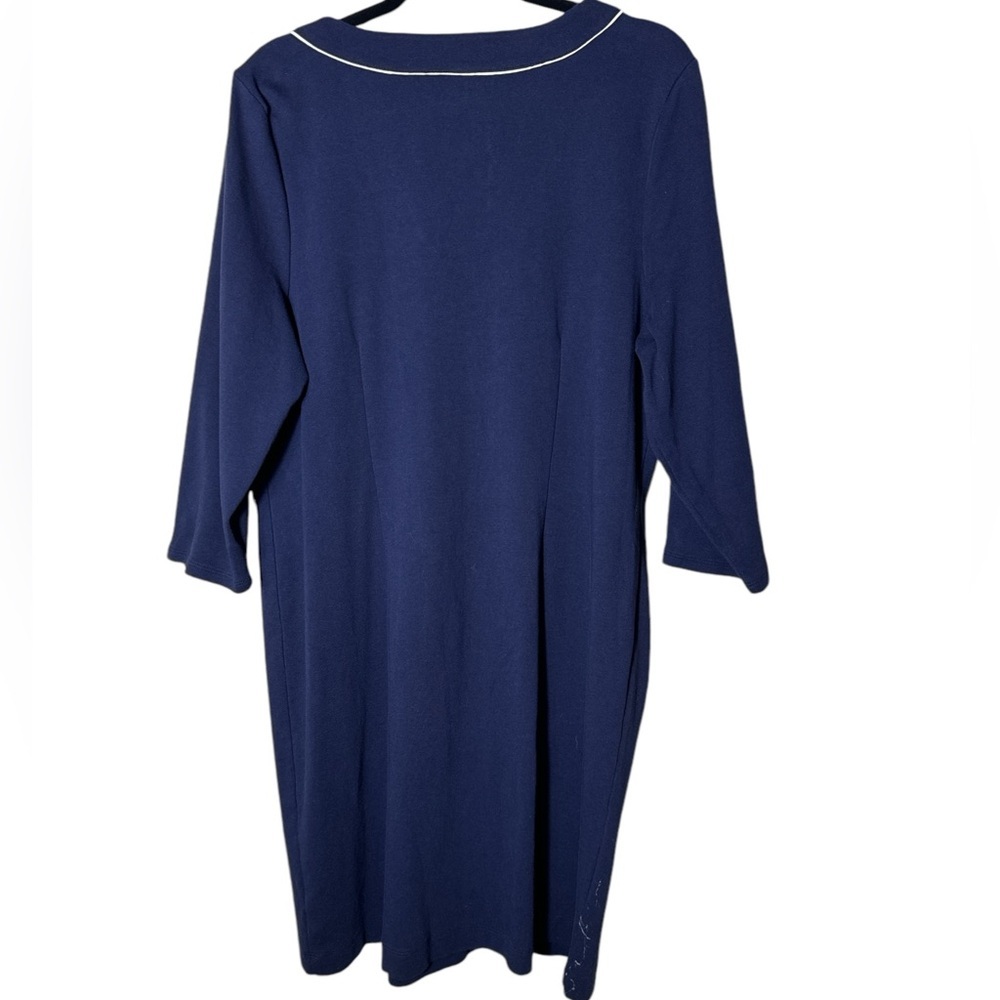 Talbots Dress XL Large Navy Blue Cream Trim Cotton 3/4 sleeves Casual Dress - Picture 3 of 8